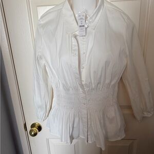White House Black Market White Smocked-Waist Button-Front Shirt